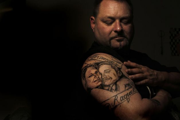 Barton Gerstel shows the tattoo he had done of his deceased daughter, Raquel, and his son, Alex. Raquel and a friend were shot dead in Oakland in November. Photo: Michael Macor, The Chronicle